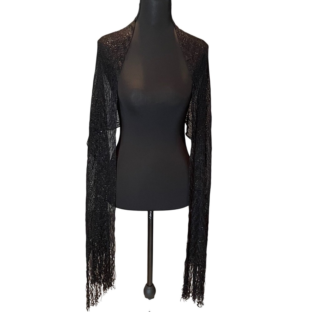 Black Metallic Shimmer Knit Shawl Wrap with Fringe Evening Formal Accessory